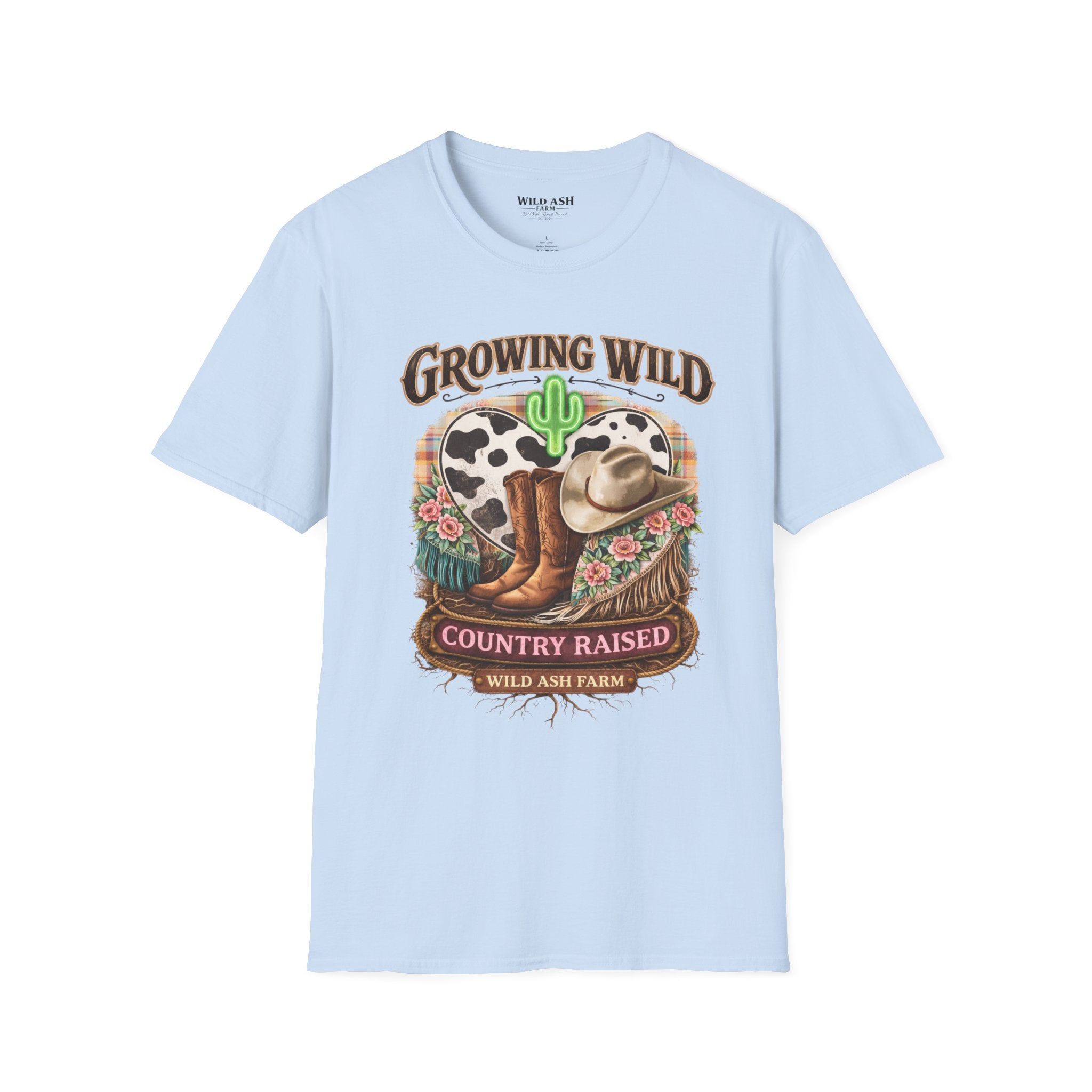 Growing Wild Country Raised T-Shirt — Western Cowgirl Boots & Cow Print Graphic
