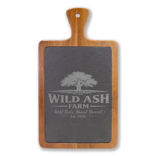 Engraved Oak Charcuterie Board with Cheese Knife Set – Personalized Farm Logo (“Wild Ash Farm” Sample)