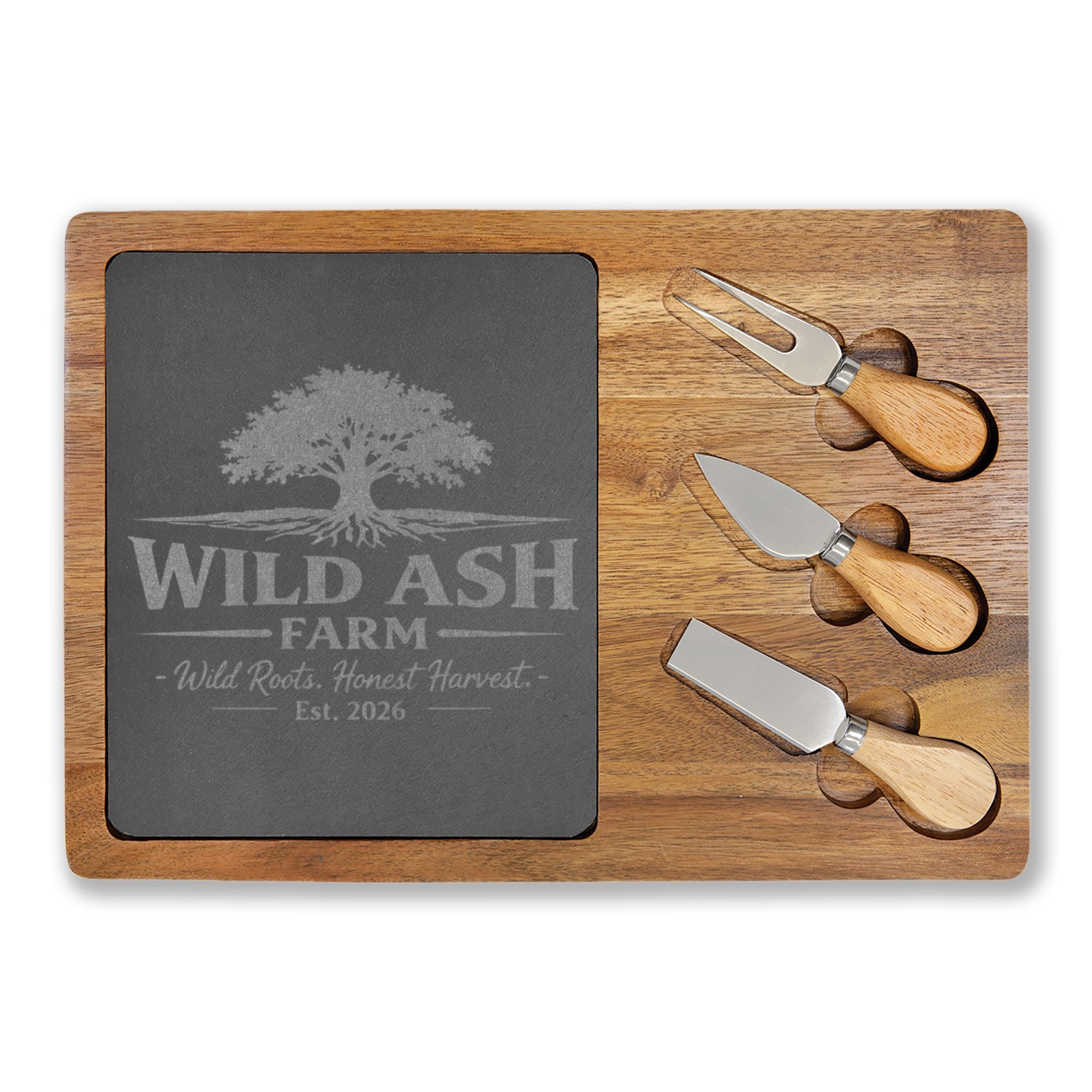 Engraved Oak Charcuterie Board with Cheese Knife Set – Personalized Farm Logo (“Wild Ash Farm” Sample)