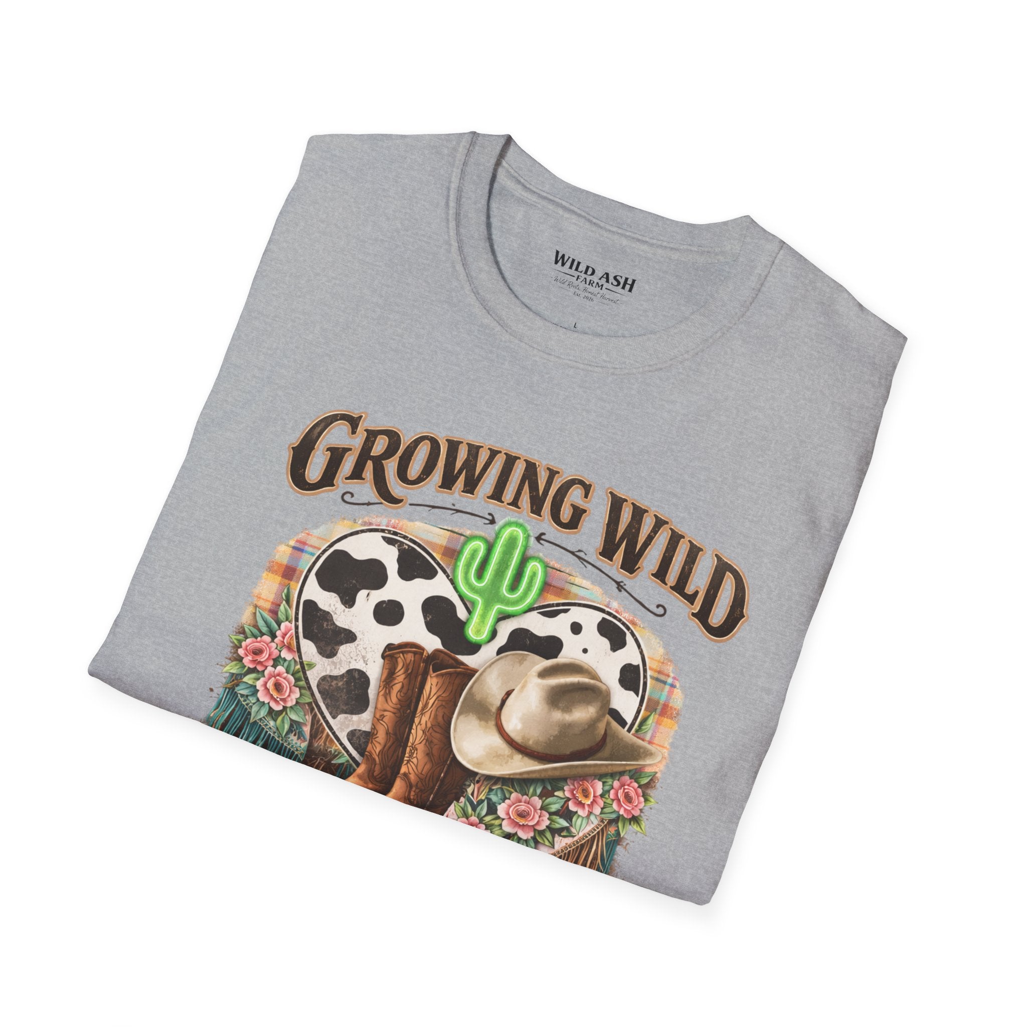 Growing Wild Country Raised T-Shirt — Western Cowgirl Boots & Cow Print Graphic