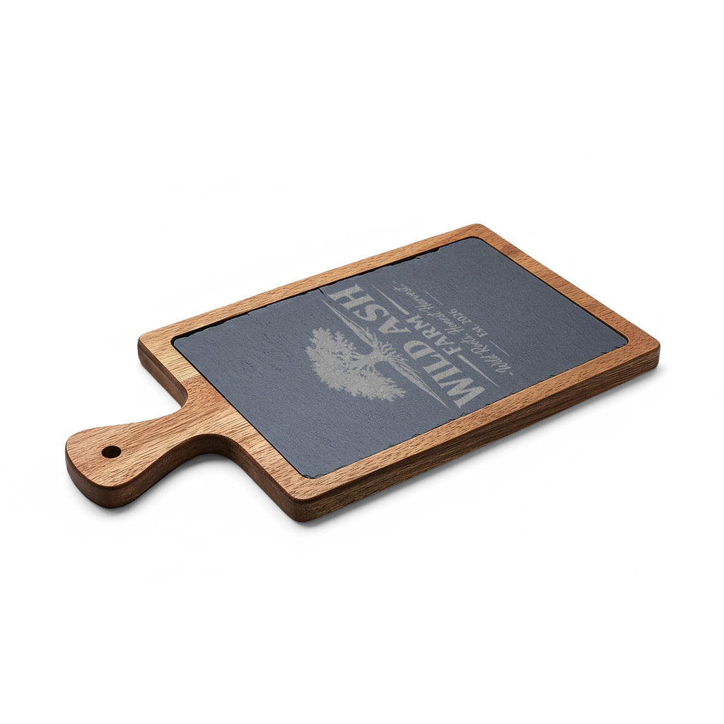 Engraved Oak Charcuterie Board with Cheese Knife Set – Personalized Farm Logo (“Wild Ash Farm” Sample)