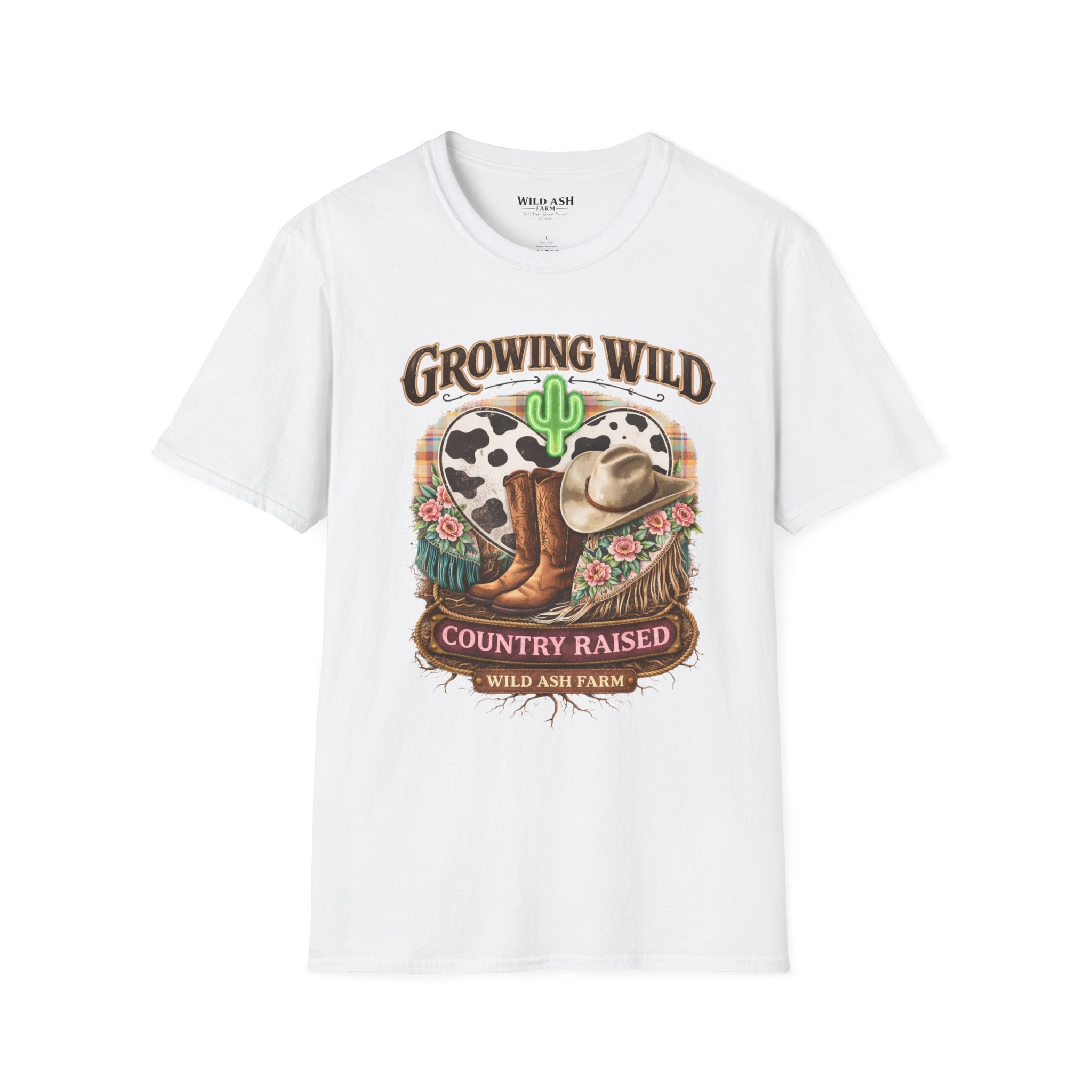 Growing Wild Country Raised T-Shirt — Western Cowgirl Boots & Cow Print Graphic