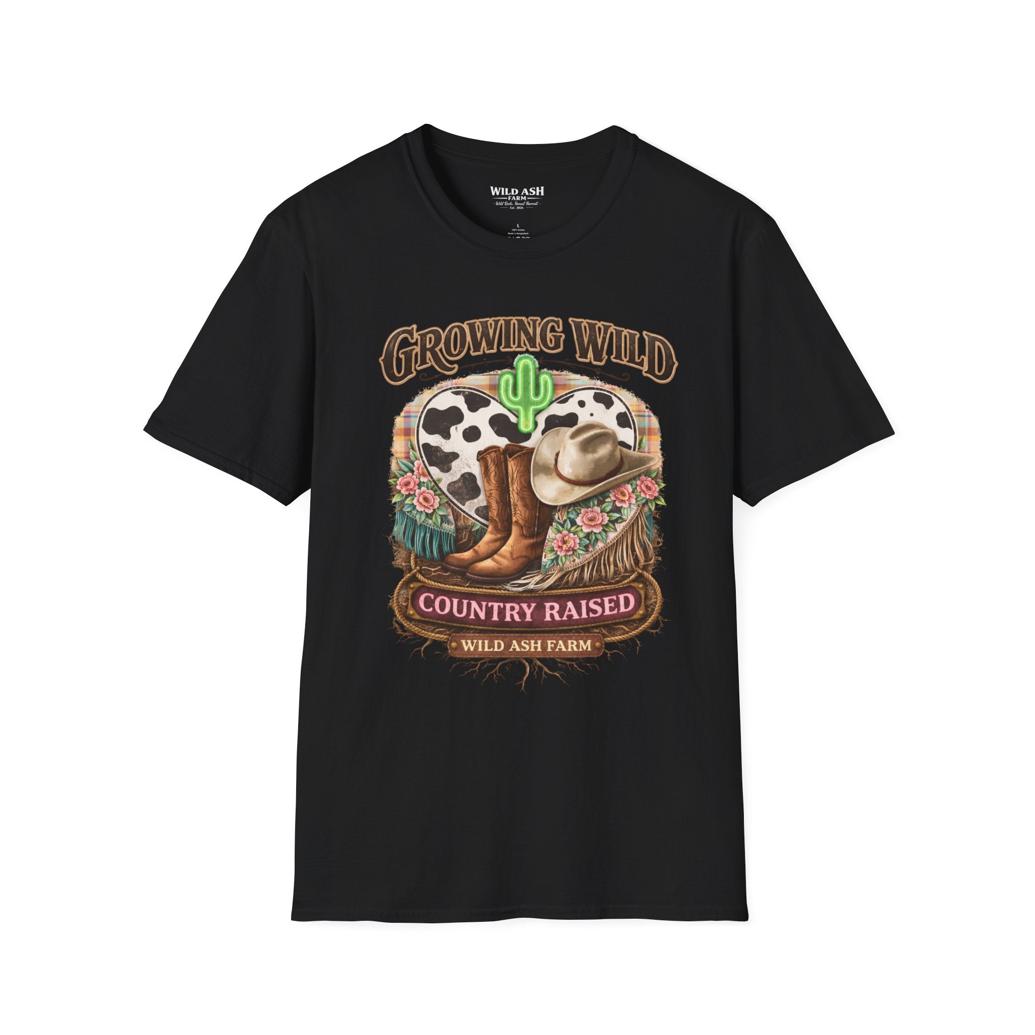 Growing Wild Country Raised T-Shirt — Western Cowgirl Boots & Cow Print Graphic