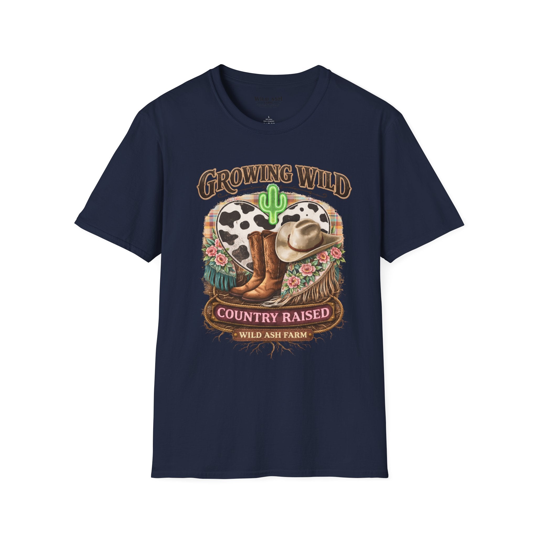 Growing Wild Country Raised T-Shirt — Western Cowgirl Boots & Cow Print Graphic