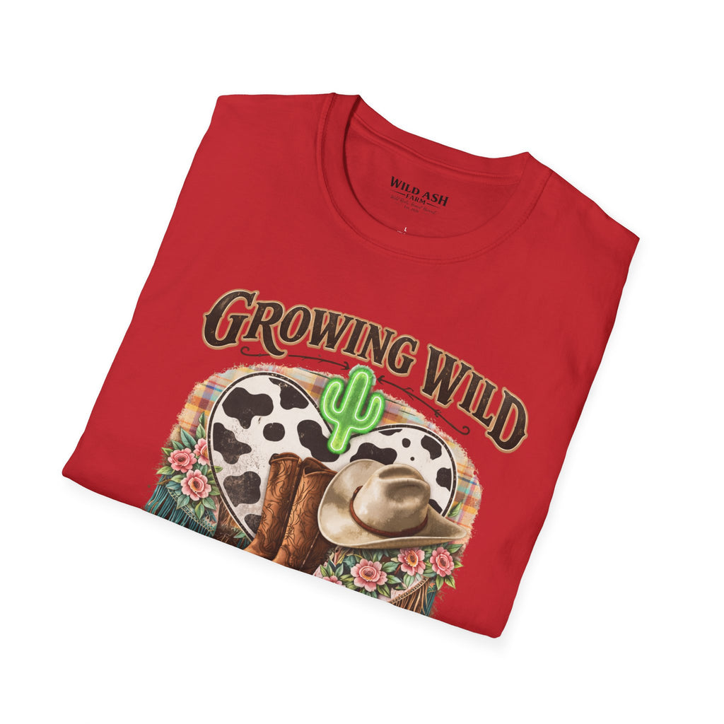 Growing Wild Country Raised T-Shirt — Western Cowgirl Boots & Cow Print Graphic