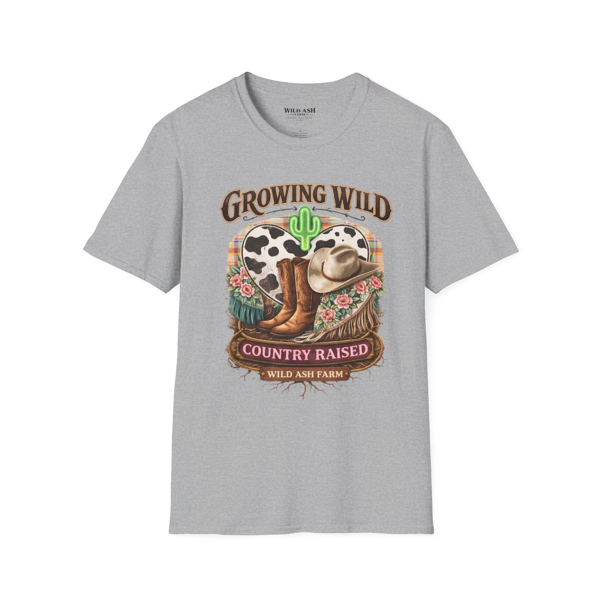 Growing Wild Country Raised T-Shirt — Western Cowgirl Boots & Cow Print Graphic