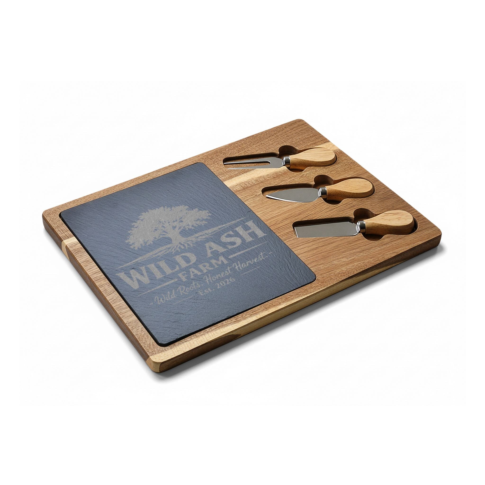 Engraved Oak Charcuterie Board with Cheese Knife Set – Personalized Farm Logo (“Wild Ash Farm” Sample)