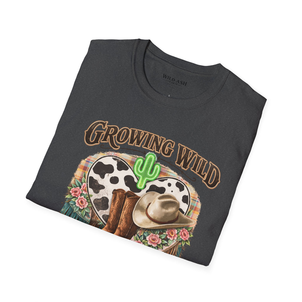 Growing Wild Country Raised T-Shirt — Western Cowgirl Boots & Cow Print Graphic