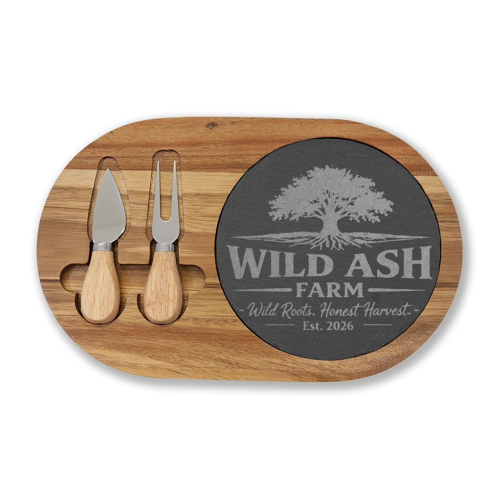 Engraved Oak Charcuterie Board with Cheese Knife Set – Personalized Farm Logo (“Wild Ash Farm” Sample)