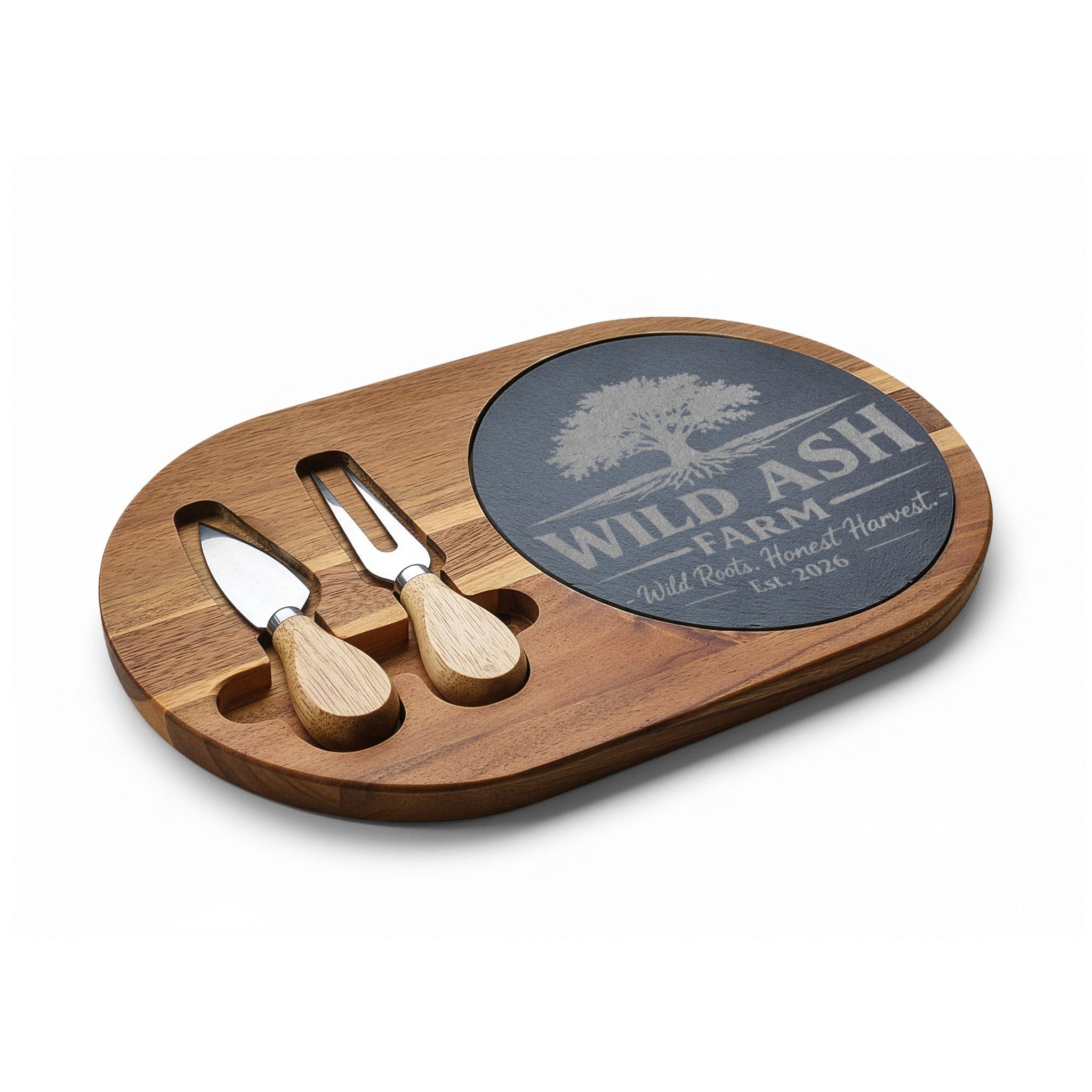 Engraved Oak Charcuterie Board with Cheese Knife Set – Personalized Farm Logo (“Wild Ash Farm” Sample)