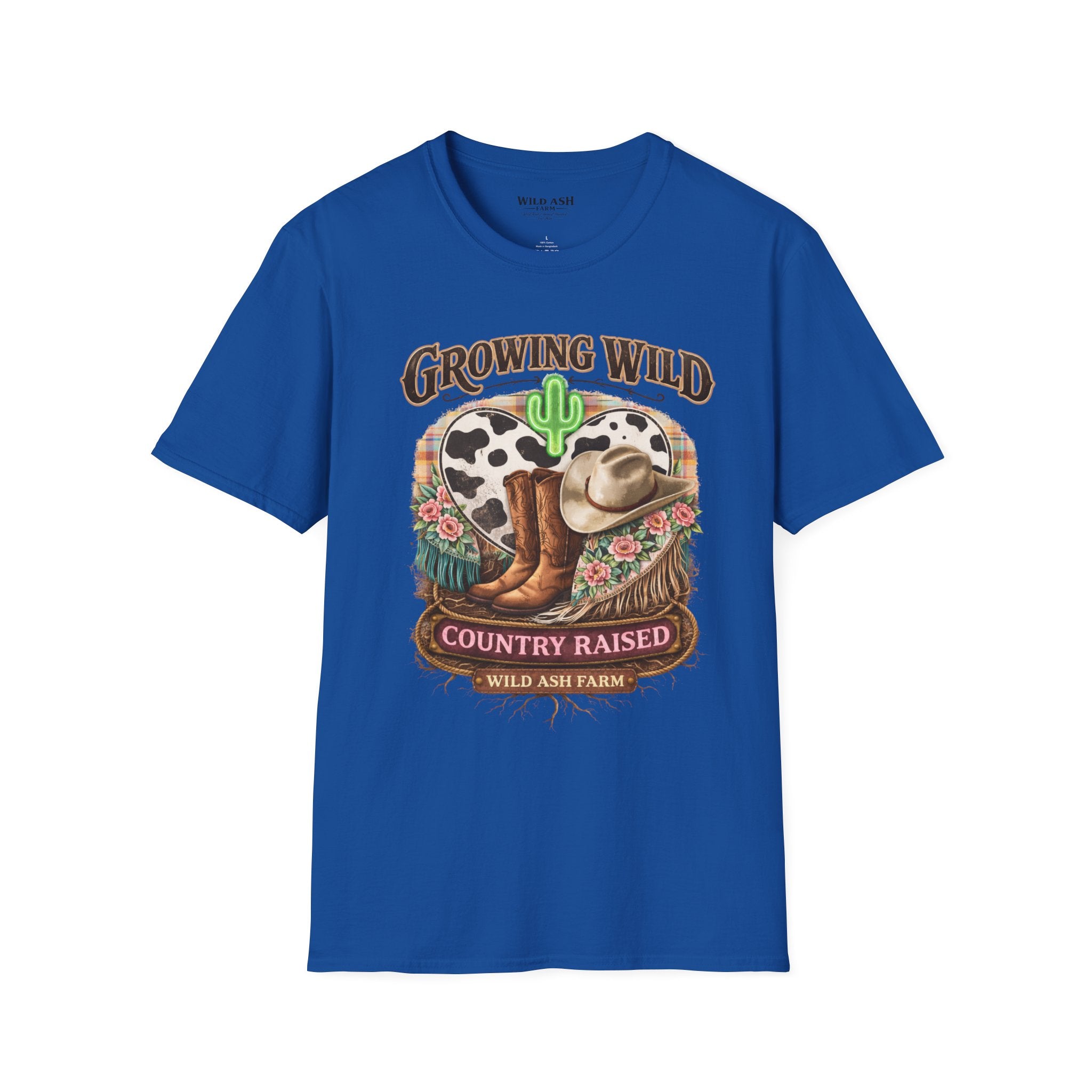 Growing Wild Country Raised T-Shirt — Western Cowgirl Boots & Cow Print Graphic