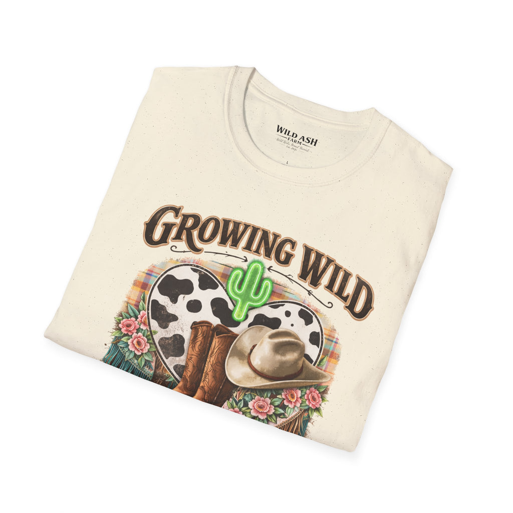 Growing Wild Country Raised T-Shirt — Western Cowgirl Boots & Cow Print Graphic