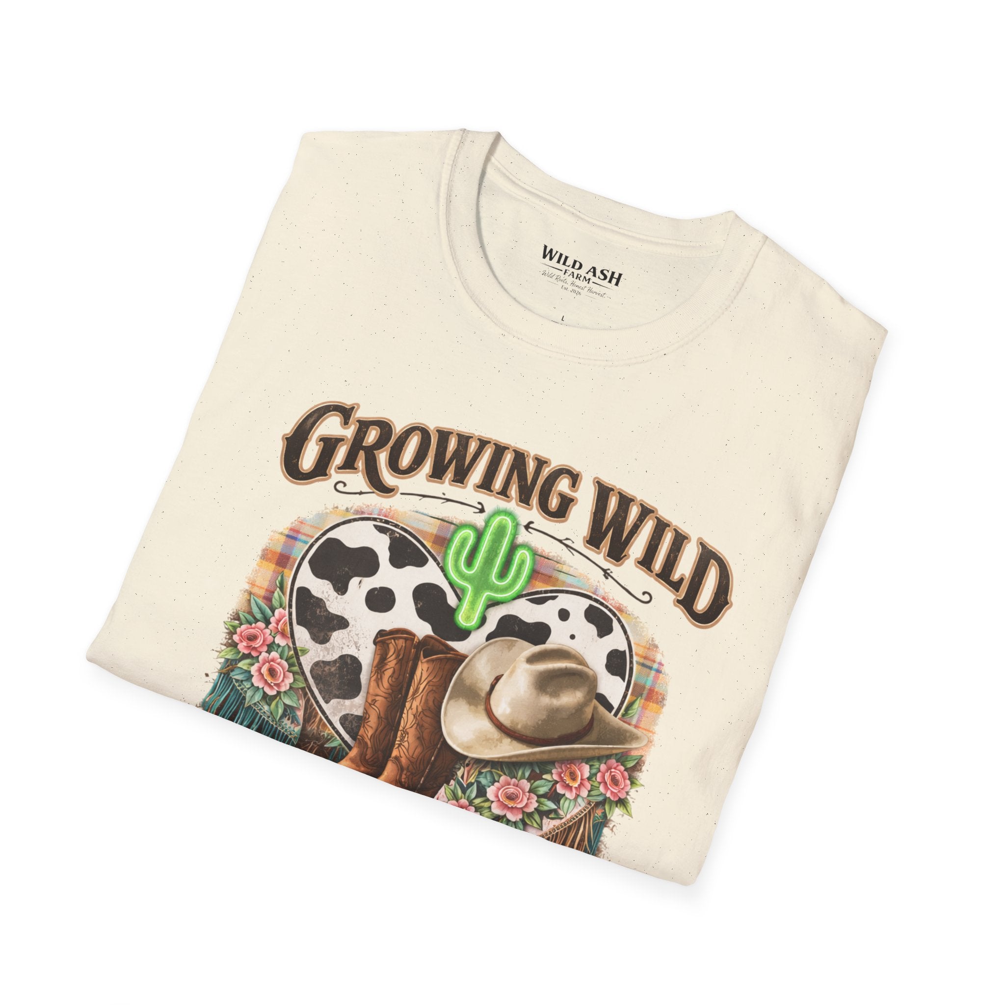 Growing Wild Country Raised T-Shirt — Western Cowgirl Boots & Cow Print Graphic