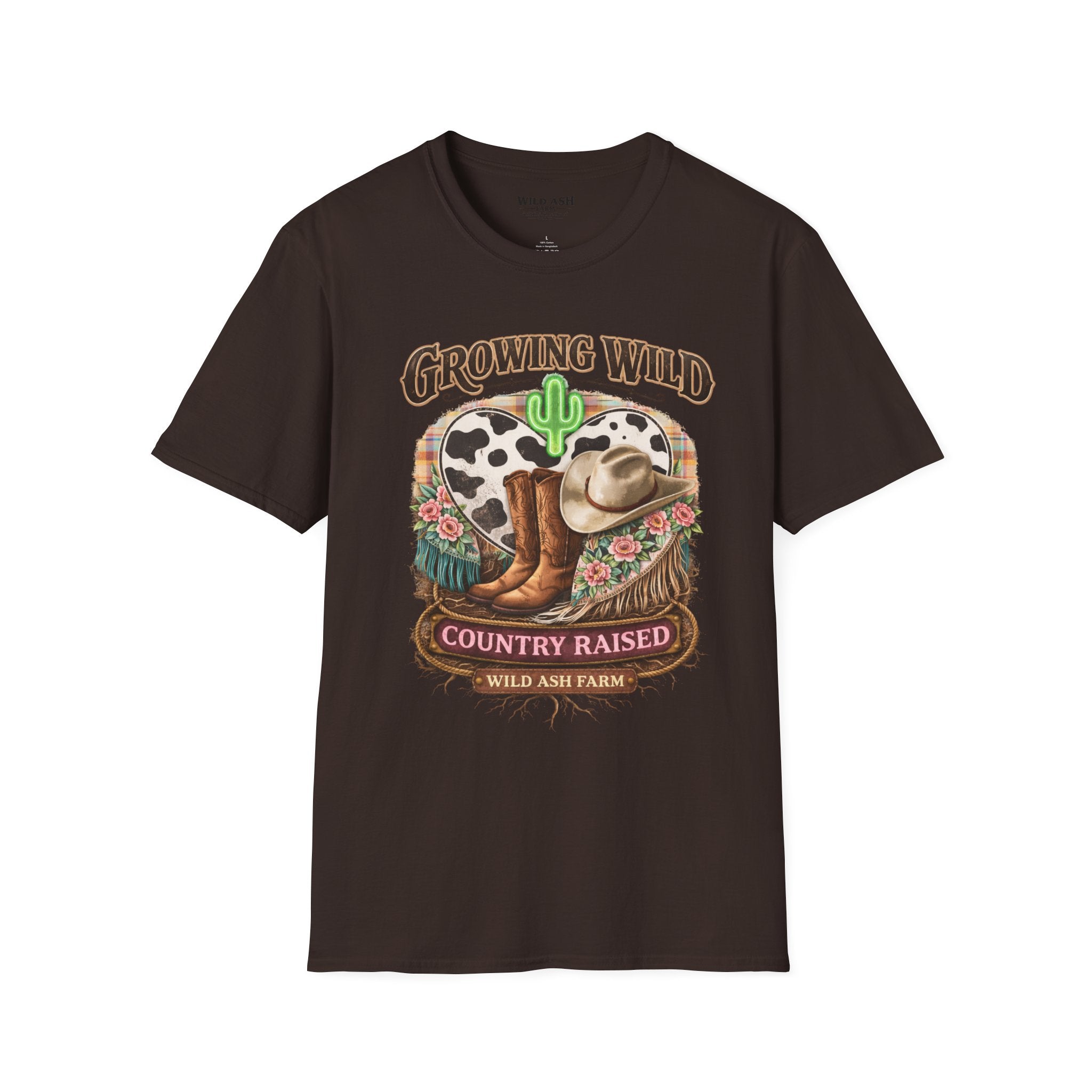 Growing Wild Country Raised T-Shirt — Western Cowgirl Boots & Cow Print Graphic