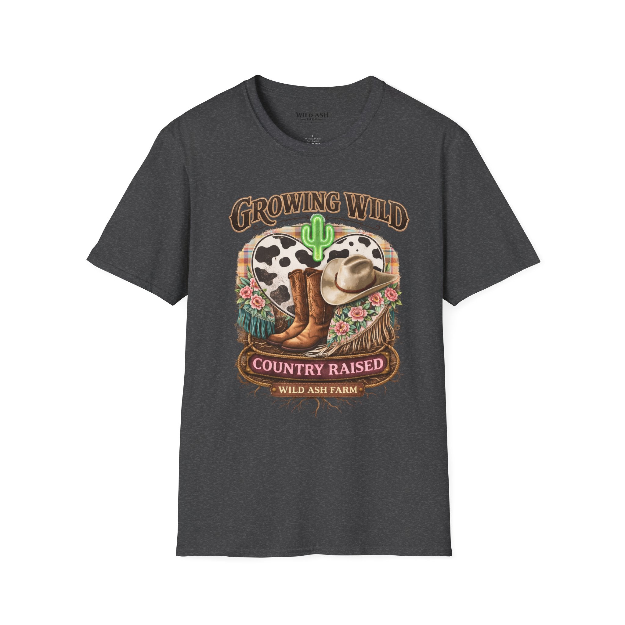 Growing Wild Country Raised T-Shirt — Western Cowgirl Boots & Cow Print Graphic