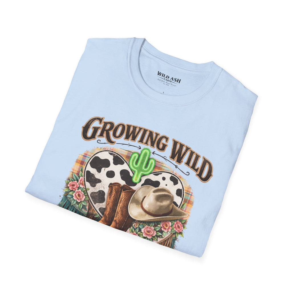 Growing Wild Country Raised T-Shirt — Western Cowgirl Boots & Cow Print Graphic