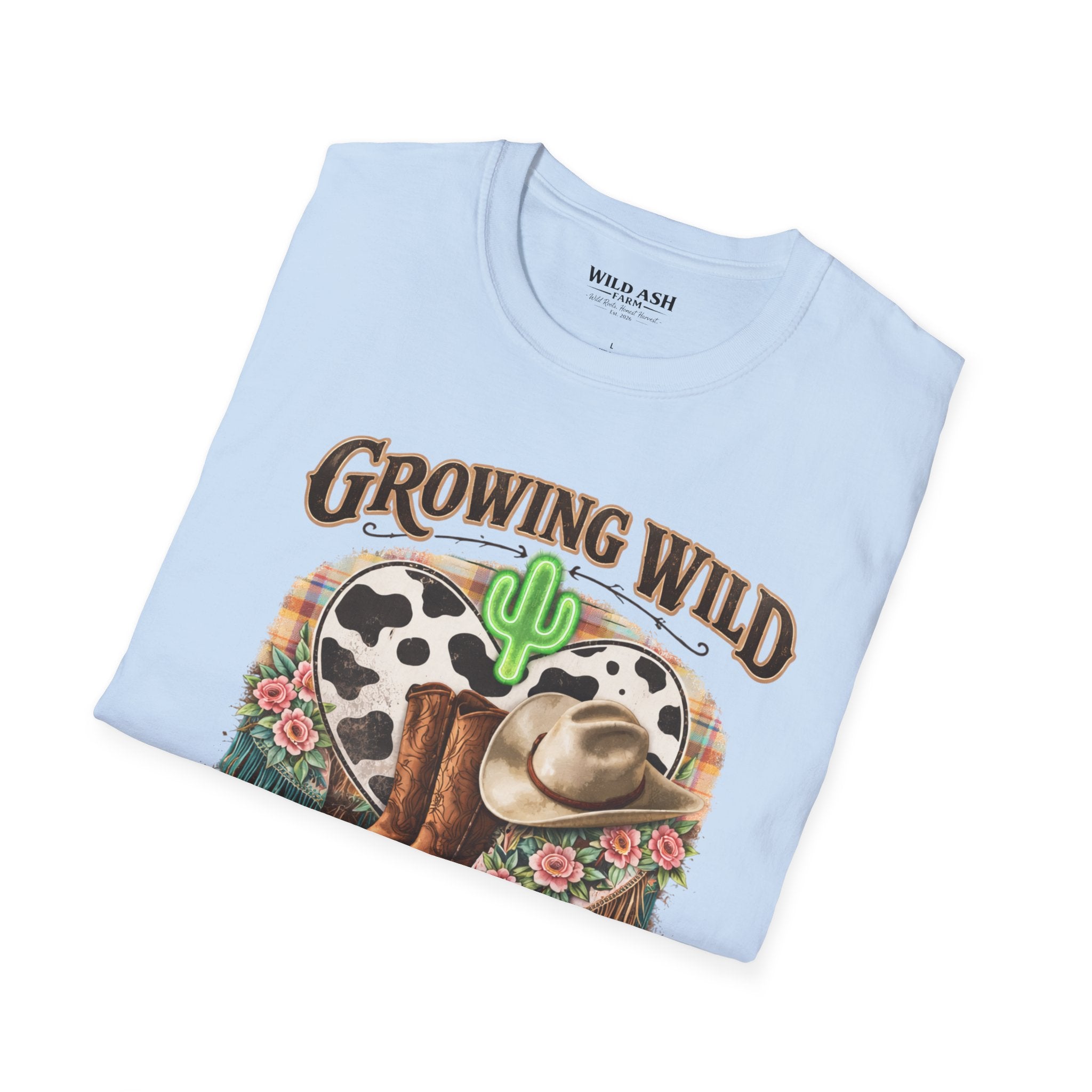 Growing Wild Country Raised T-Shirt — Western Cowgirl Boots & Cow Print Graphic