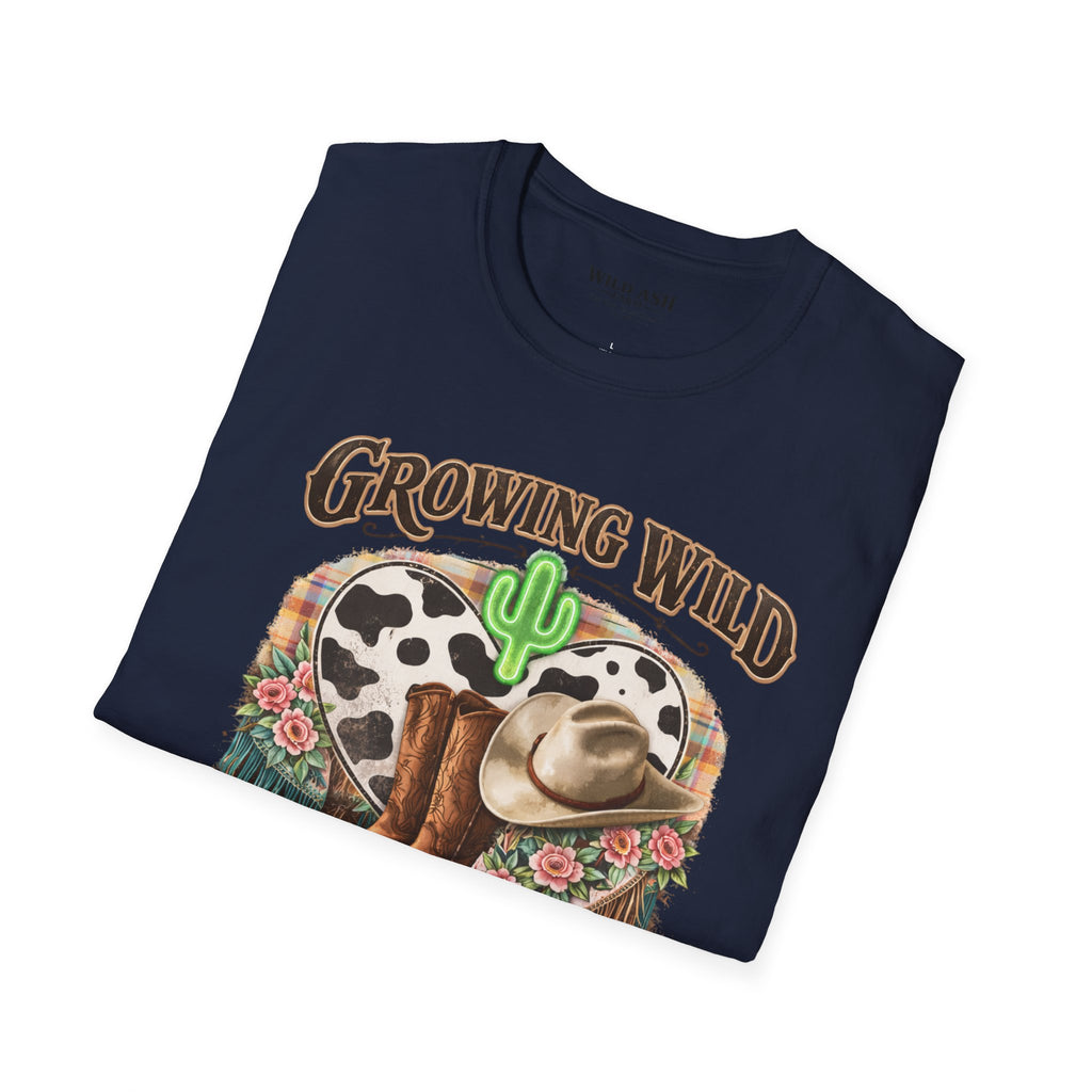 Growing Wild Country Raised T-Shirt — Western Cowgirl Boots & Cow Print Graphic