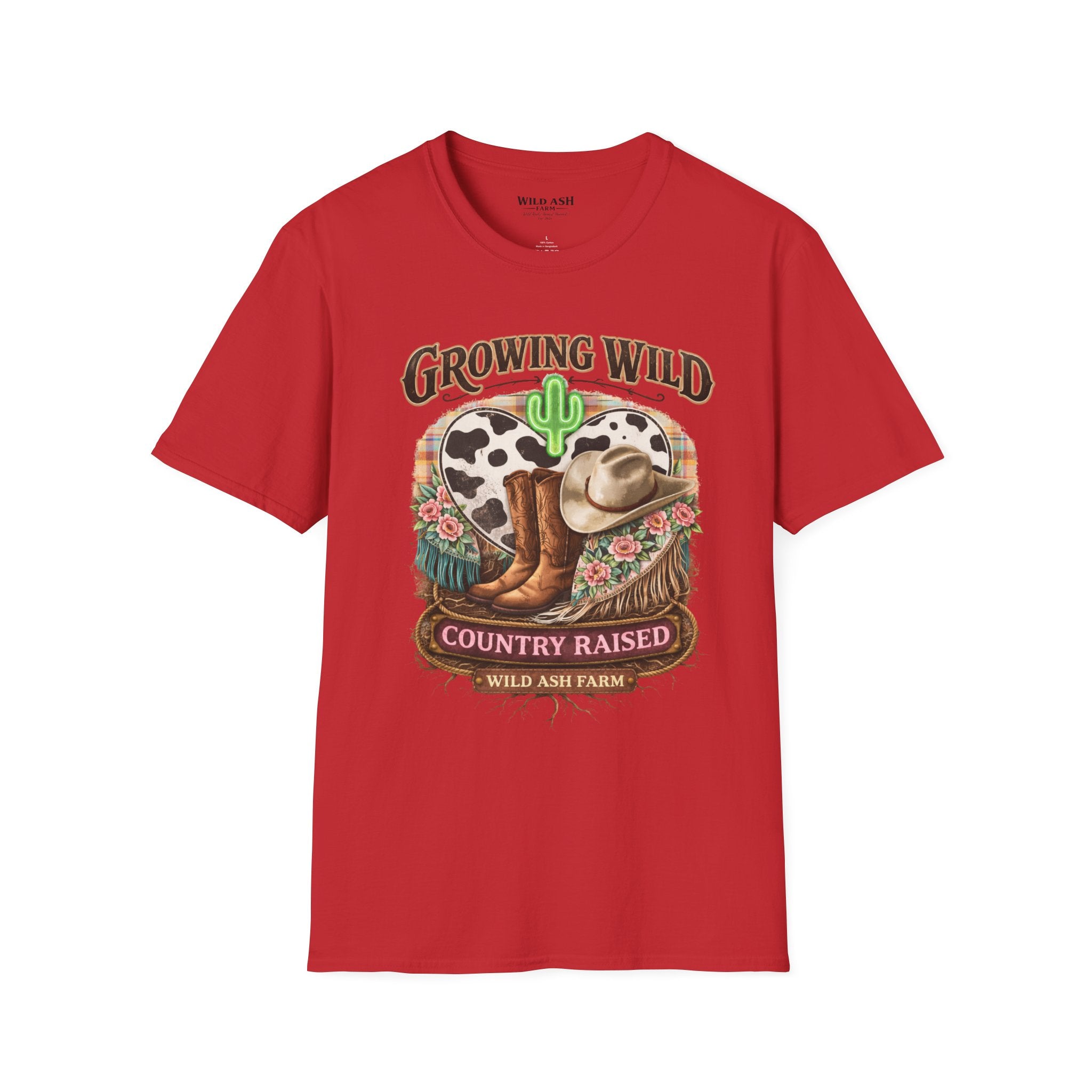 Growing Wild Country Raised T-Shirt — Western Cowgirl Boots & Cow Print Graphic