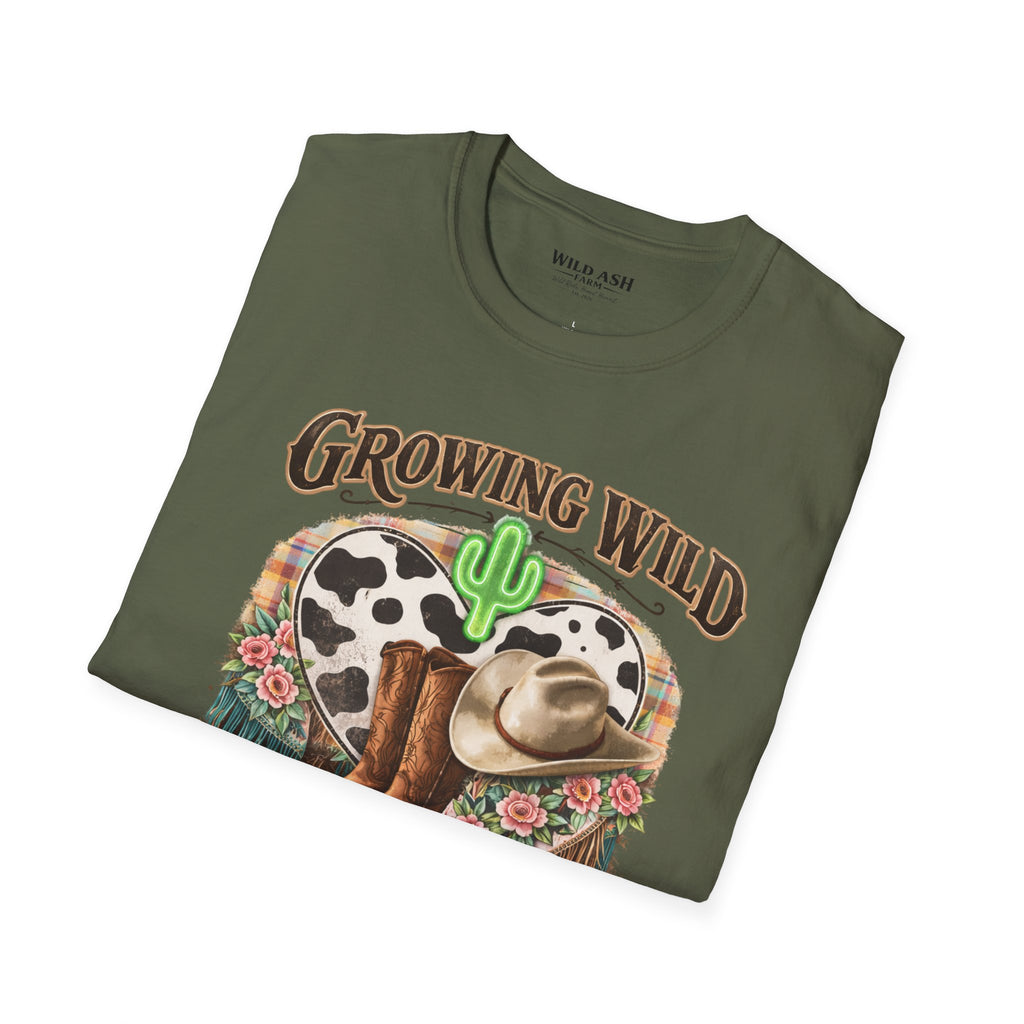 Growing Wild Country Raised T-Shirt — Western Cowgirl Boots & Cow Print Graphic