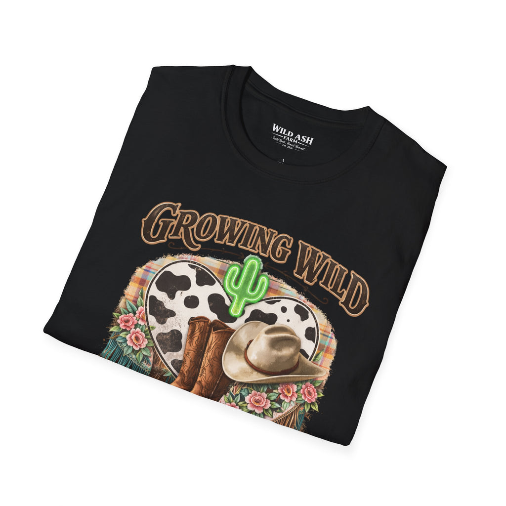 Growing Wild Country Raised T-Shirt — Western Cowgirl Boots & Cow Print Graphic