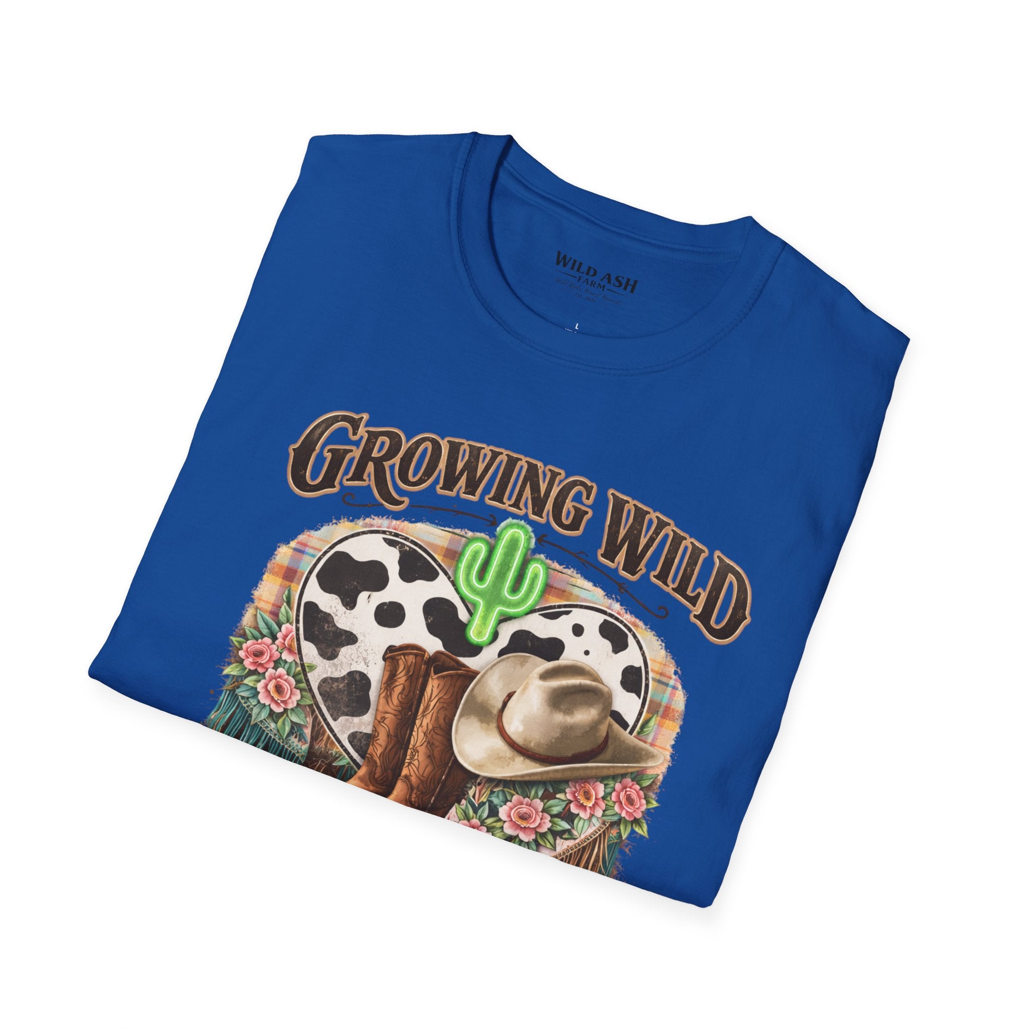 Growing Wild Country Raised T-Shirt — Western Cowgirl Boots & Cow Print Graphic