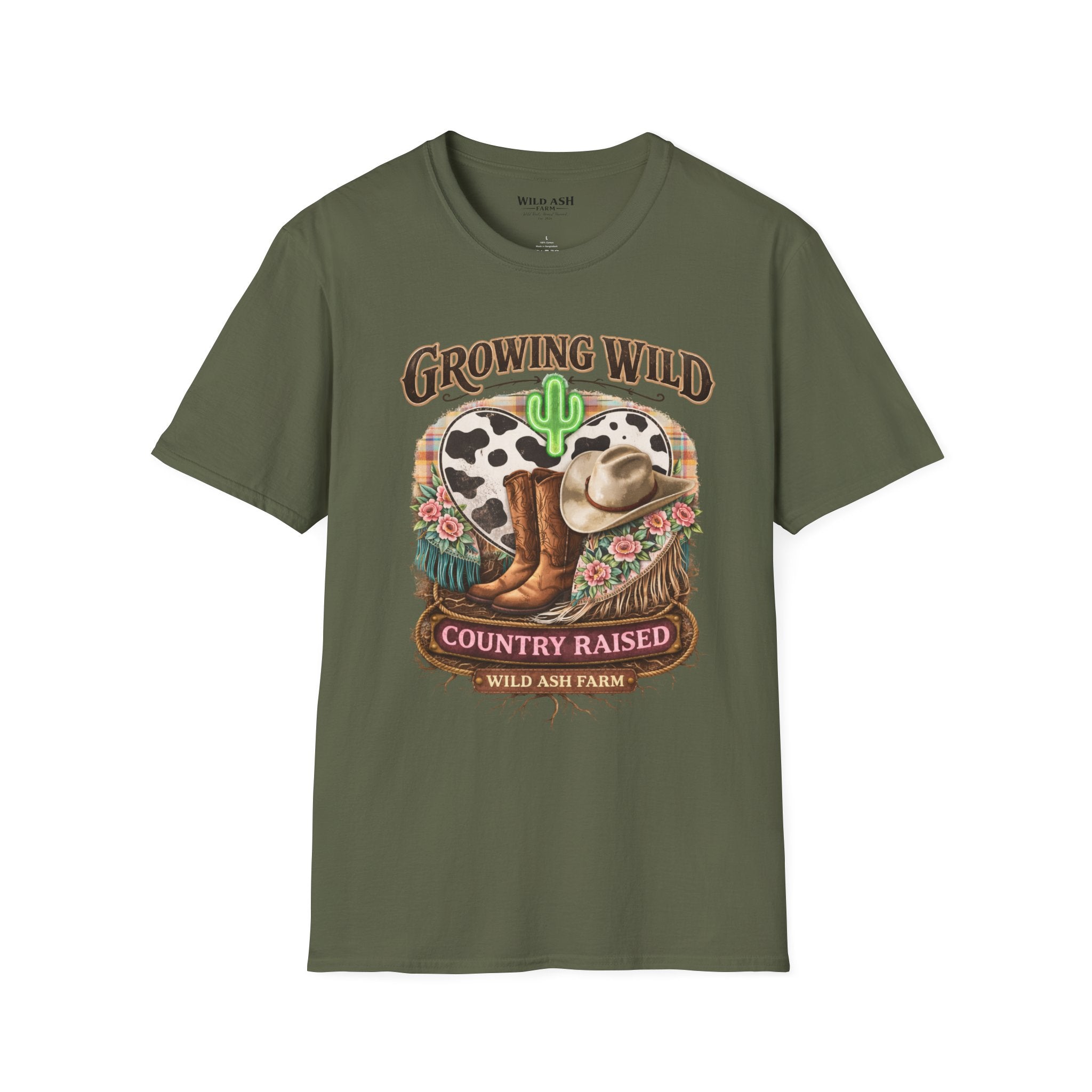 Growing Wild Country Raised T-Shirt — Western Cowgirl Boots & Cow Print Graphic
