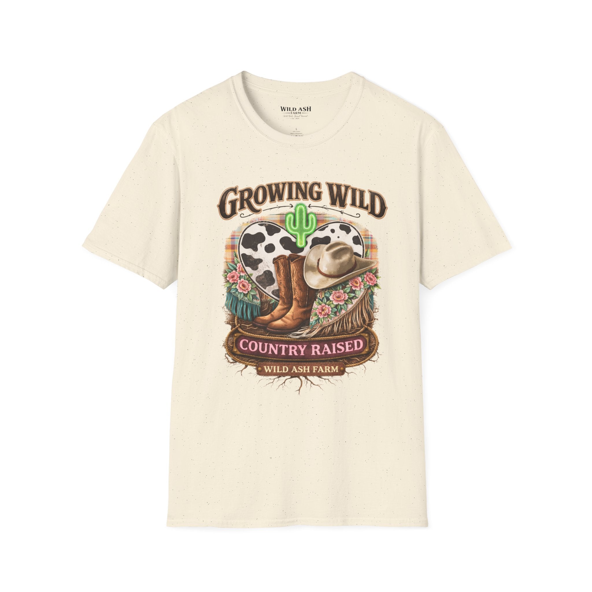 Growing Wild Country Raised T-Shirt — Western Cowgirl Boots & Cow Print Graphic