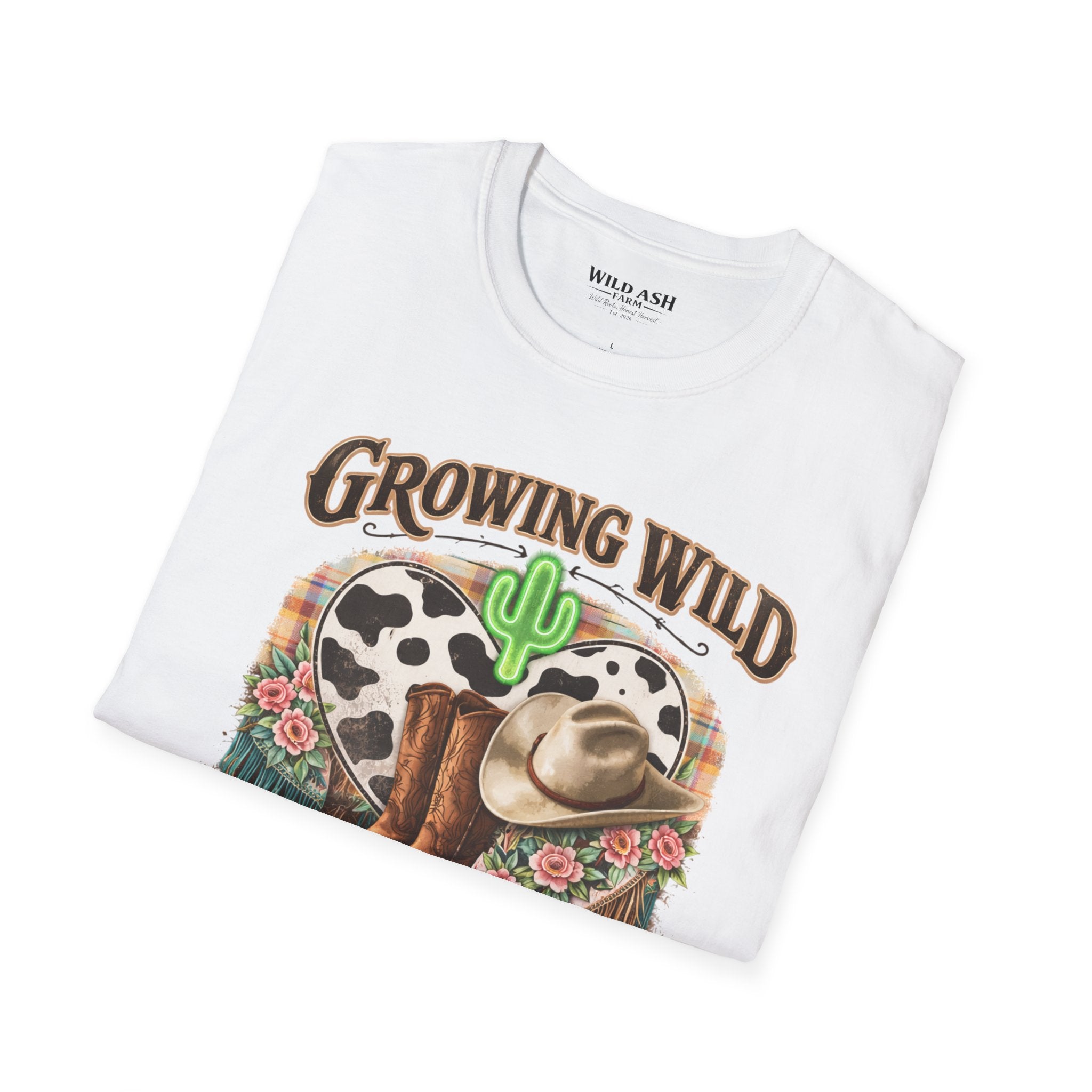 Growing Wild Country Raised T-Shirt — Western Cowgirl Boots & Cow Print Graphic