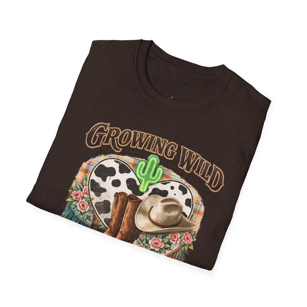 Growing Wild Country Raised T-Shirt — Western Cowgirl Boots & Cow Print Graphic